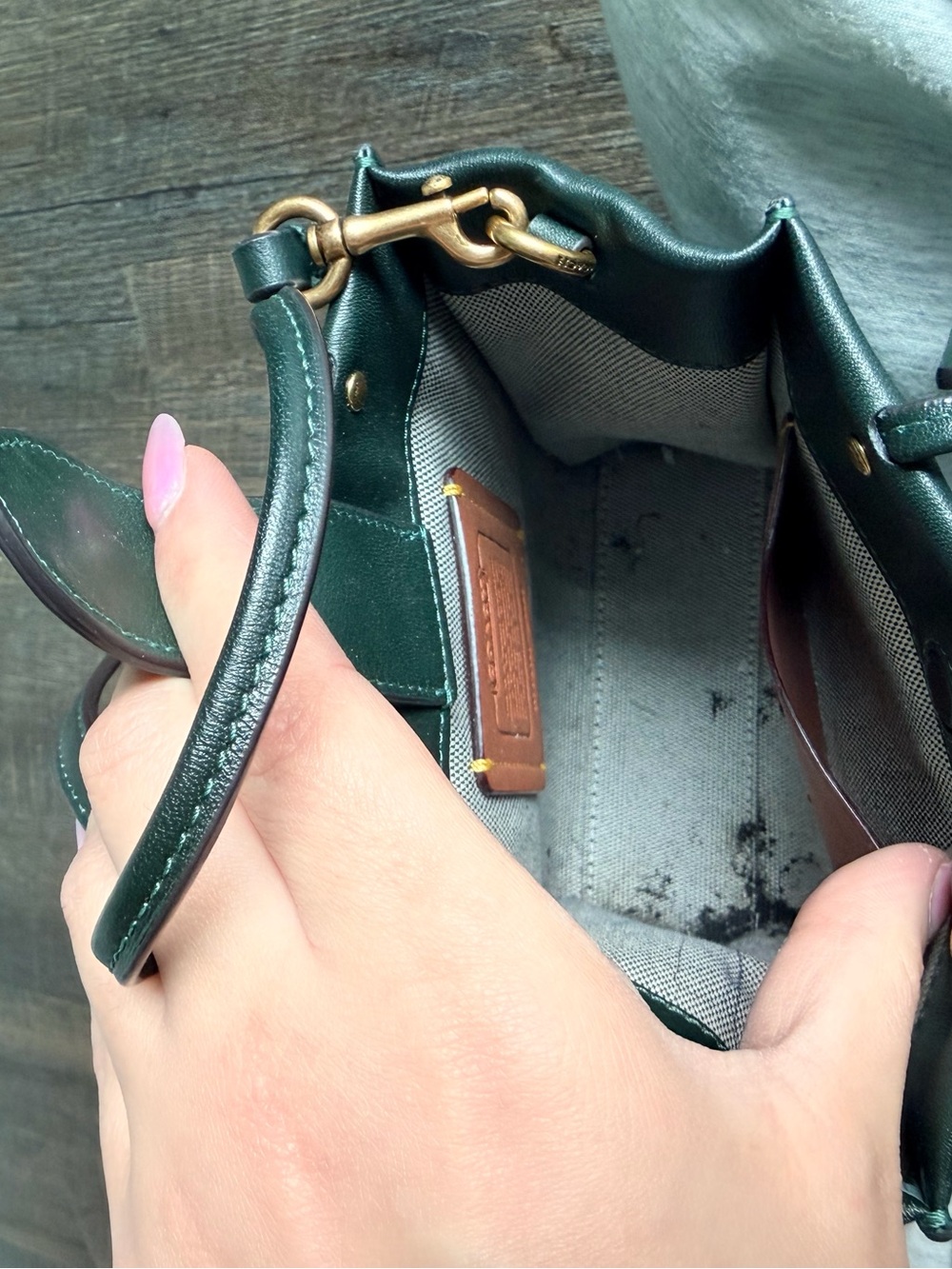 Coach Dark Green Leather Mini cashin Crossbody Tote - Picture 5 of 6